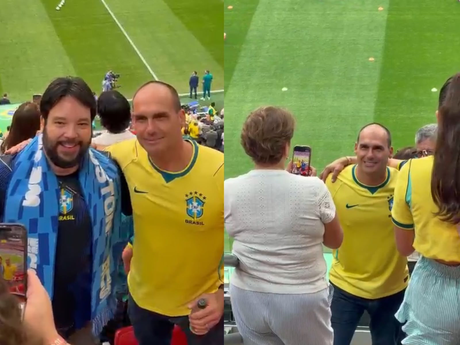 Eduardo Bolsonaro posa com fãs em área VIP de estádio antes de Brasil x Japão na Copa Nas gravações, Eduardo aparece na arquibancada do setor exclusivo do estádio, onde conversa com torcedores e posa para fotografias pouco antes da bola rolar para o duelo