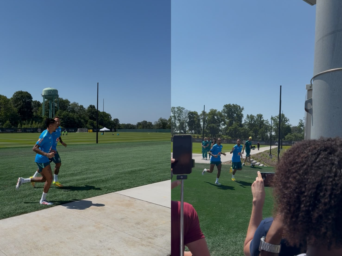 Ao lado de Neymar, Raphinha volta a treinar em campo com a Seleção Brasileira Jogador ficou de fora por duas semanas após lesão na partida contra o Haiti pela segunda rodada